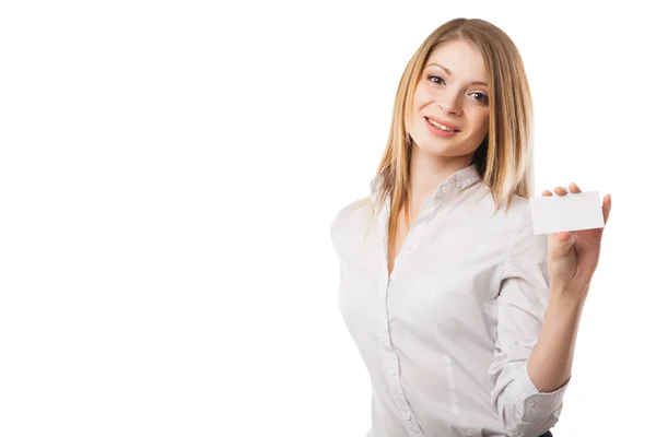 Woman holds out business or credit card Isolated — Stock Photo, Image