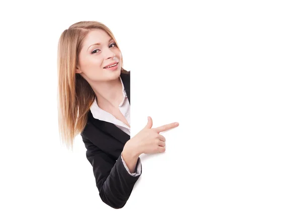 Business woman showing blank signboard isolated — Stock Photo, Image