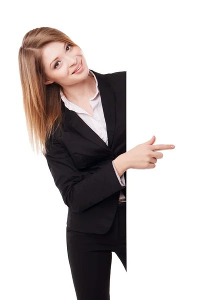 Business woman showing blank signboard isolated — Stock Photo, Image