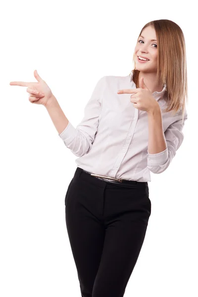 Mujer de negocios mostrando algo aislado — Foto de Stock