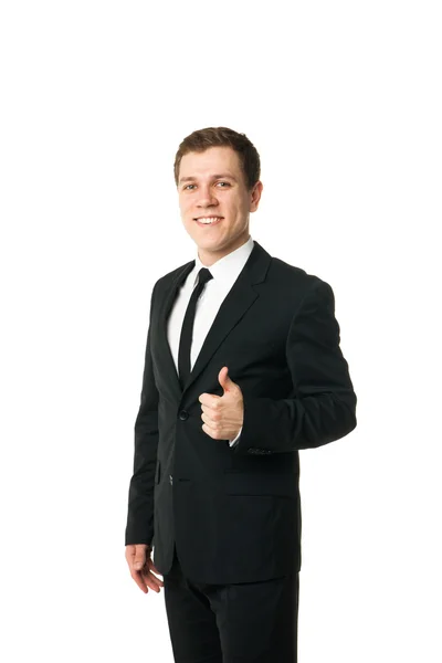 Glad affärsman med tummen upp gest isolerade — Stockfoto
