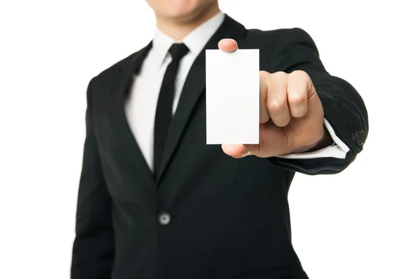 Iş adamı üzerinde beyaz izole kart göster — Stok fotoğraf