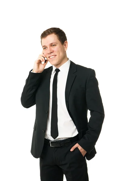 分離した携帯電話上のビジネスマンを笑ってください。 — ストック写真