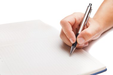 adam elini açık kitap üzerine beyaz izole yazma