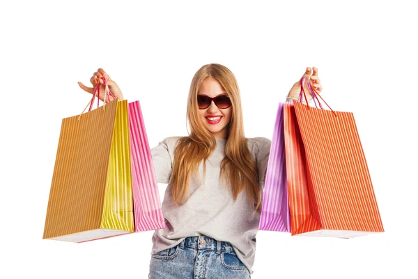 Emocionada mujer de compras aislada en blanco —  Fotos de Stock