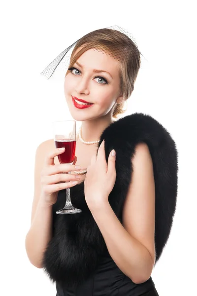 Krásná žena s sklenici červeného vína. retro styl — Stock fotografie