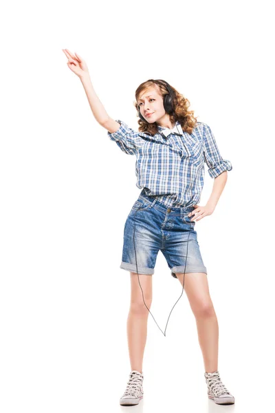 Women with headphones in dancing motion — Stock Photo, Image