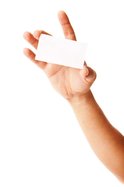 Visitekaartje in mans hand op wit — Stockfoto