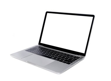 Front view of Laptop with blank screen in angled position. Blank white screen display for mockup isolated on white background, mockup template, with clipping path.