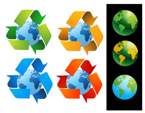 Globe mondial avec des panneaux de recyclage — Photo