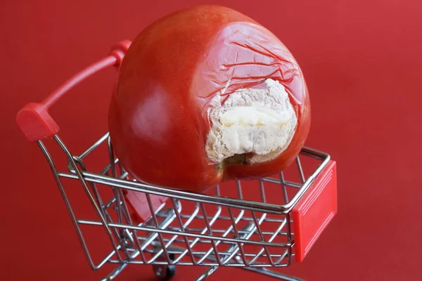 A red rotten moldy tomato in a supermarket trolley. The concept of trade in expired and spoiled products. Consumer protection concept. Shelf life of vegetables. Close-up