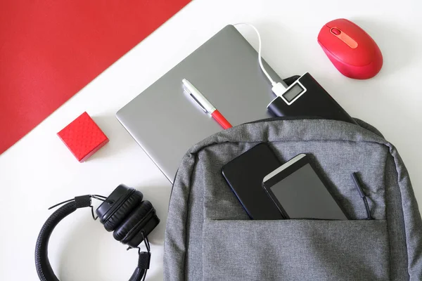 Gray Backpack Laptop Two Mobile Smartphones Headphones Computer Mouse Pen — Stockfoto