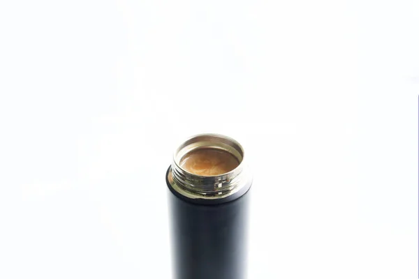 Open Metal Thermos Thermo Mug Filled Hot Coffee Cream White — Stock Photo, Image