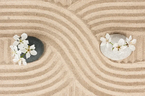 Pedra preta e branca com flores na areia — Fotografia de Stock