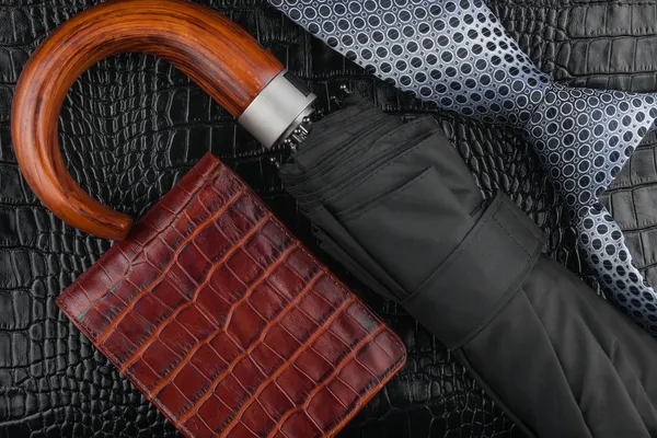 Una corbata, billetera, paraguas acostado en la piel — Foto de Stock