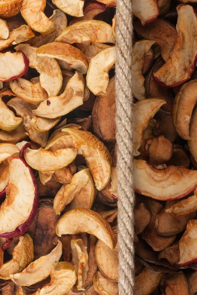 Illuminated and dark dried apples and rope — Stock Photo, Image