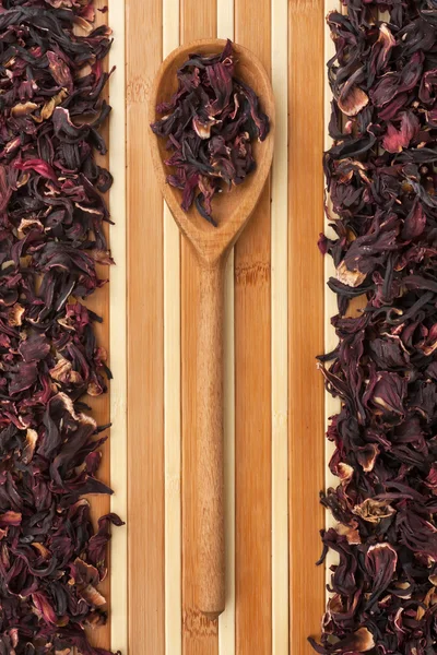 Wooden spoon with  roselle , hibiscus — Stock Photo, Image