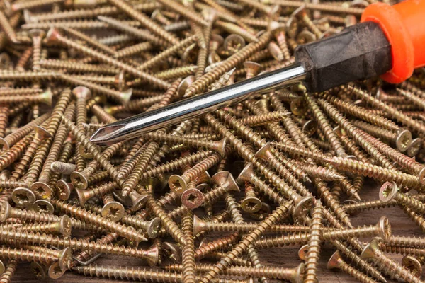 Screwdriver lying on a pile of screws. Tool and equipment