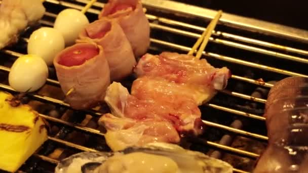 Brochetas Parrilla Carne Una Malla Alambre — Vídeos de Stock