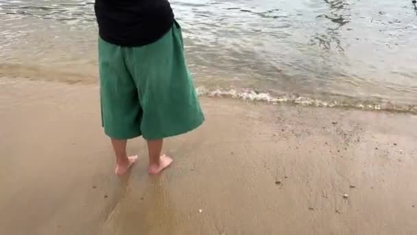 Woman Walks Slowly Beach Waves Lapping Her Feet — стоковое видео