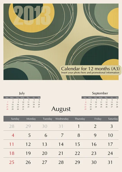 Augustus. 2013 kalender. — Stockvector