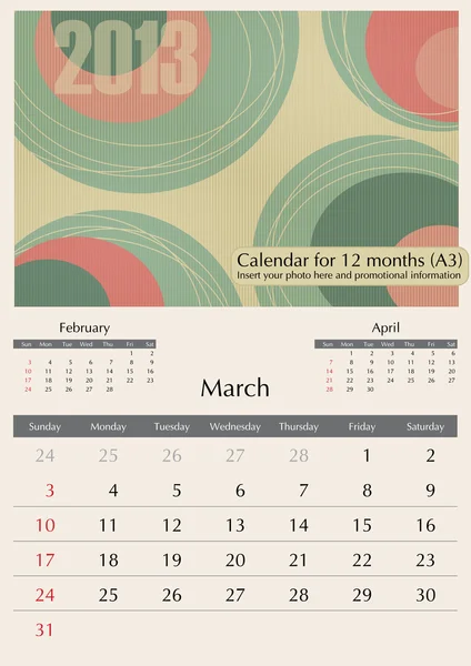 Marzo. Calendario 2013 — Vector de stock