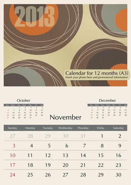 Noviembre. Calendario 2013 . — Vector de stock