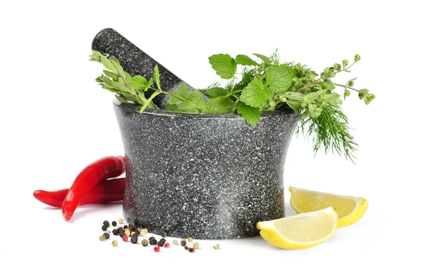 Mortar with fresh herbs — Stock Photo, Image