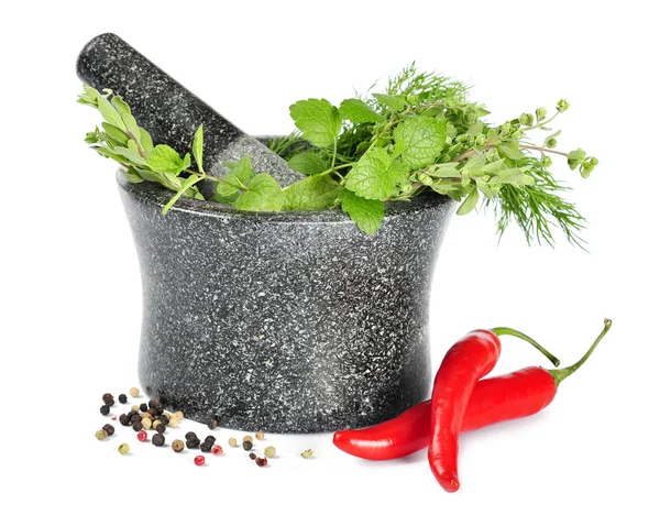 Mortar with fresh herbs — Stock Photo, Image