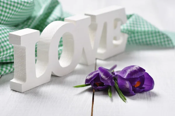 Word "love and crocus flowers — Stock Photo, Image