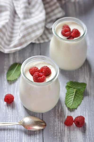 Yogurt con frambuesa fresca madura —  Fotos de Stock