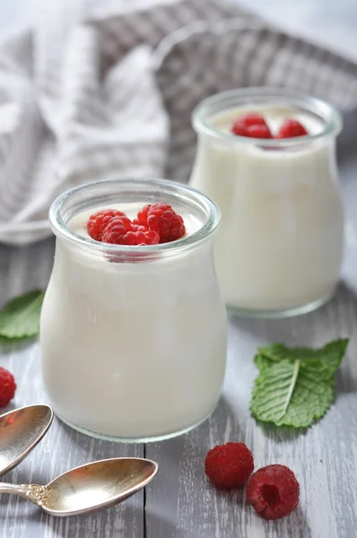 Yoghurt met rijpe verse frambozen — Stockfoto