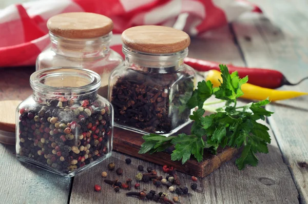 Spices in glass bottles — Zdjęcie stockowe