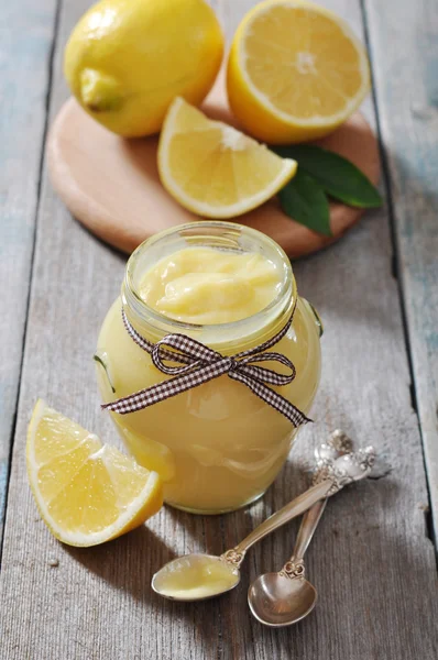 Lemon curd in glass jar — Stock Photo, Image