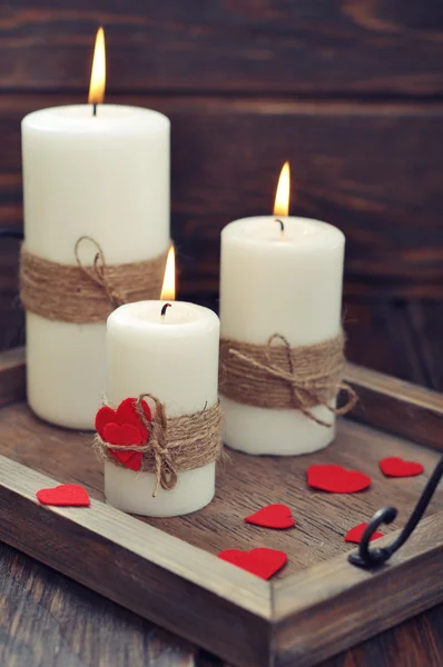Candles with fabric hearts — Stock Photo, Image