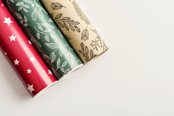 Rolls Colored Wrapping Paper White Background Top View — Stock Photo, Image