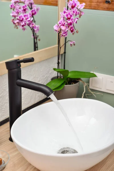 Stylish Vessel Sink Black Basin Mixer Light Countertop Modern Bathroom — Stock Photo, Image