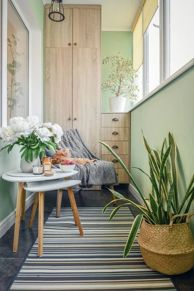 Pfingstrose Blumenstrauß Inneren Des Gemütlichen Balkons Mit Grünen Wänden Sitzecke — Stockfoto