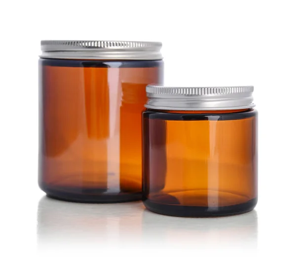 Brown Empty Cosmetic Glass Jars Isolated White Background Clipping Path — 스톡 사진