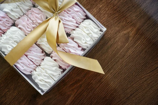Homemade White Pink Zephyr Box Bow Wooden Background Top View — 스톡 사진