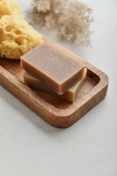 Natural Soap Bars Sponge Wooden Tray Various Toiletries Light Concrete — Fotografia de Stock