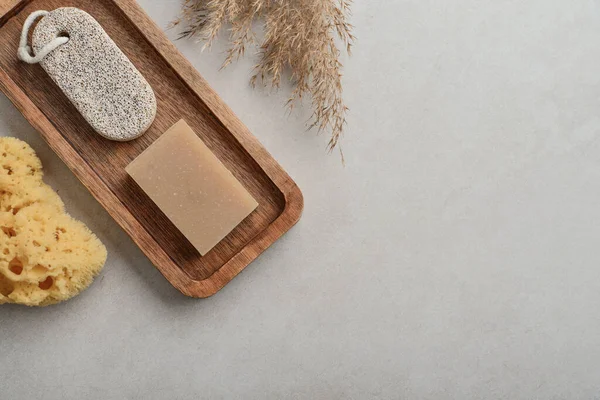 Natural Soap Bars Pumice Stone Wooden Tray Various Toiletries Light — Stock Fotó
