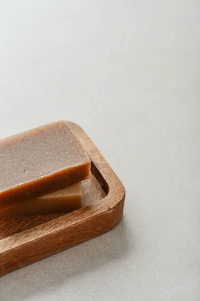 Natural Handmade Soap Bars Wooden Tray Light Concrete Background — Stock Photo, Image