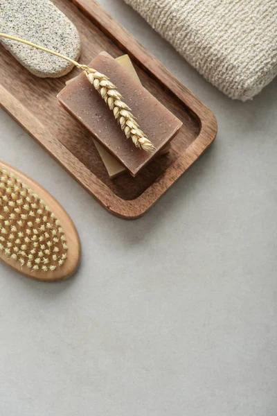 Natural Soap Bars Wheat Spikelet Pumice Stone Wooden Tray Various — Stock Fotó