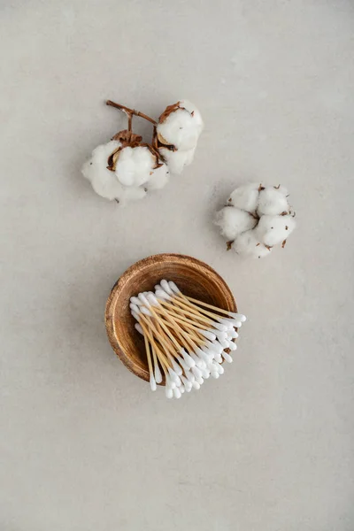 Bamboo Cotton Buds Wooden Box Dried Cotton Flowers Top View — Stock Photo, Image
