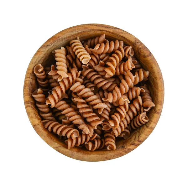 Pasta Trä Skål Isolerad Vit Bakgrund Ovanifrån — Stockfoto