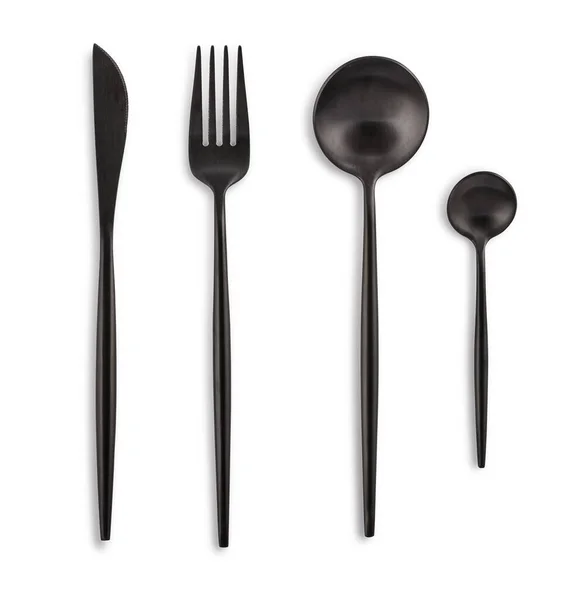 Black Coloured Cutlery Set Fork Knife Spoon Tea Spoon Isolated — Stock Photo, Image