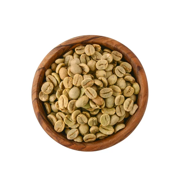 Zelená Kávová Zrna Dřevěné Míse Izolované Bílém Pozadí Horní Pohled — Stock fotografie