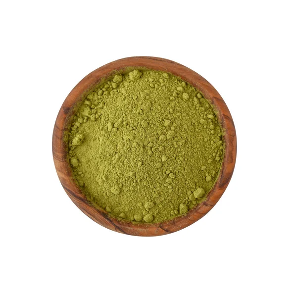 Green Matcha Tea Powder Wooden Bowl Isolated White Background Top — Stock Photo, Image