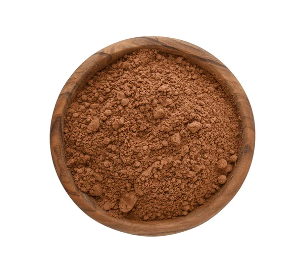 Cocoa Powder Wooden Bowl Isolated White Background Top View — Stock Photo, Image